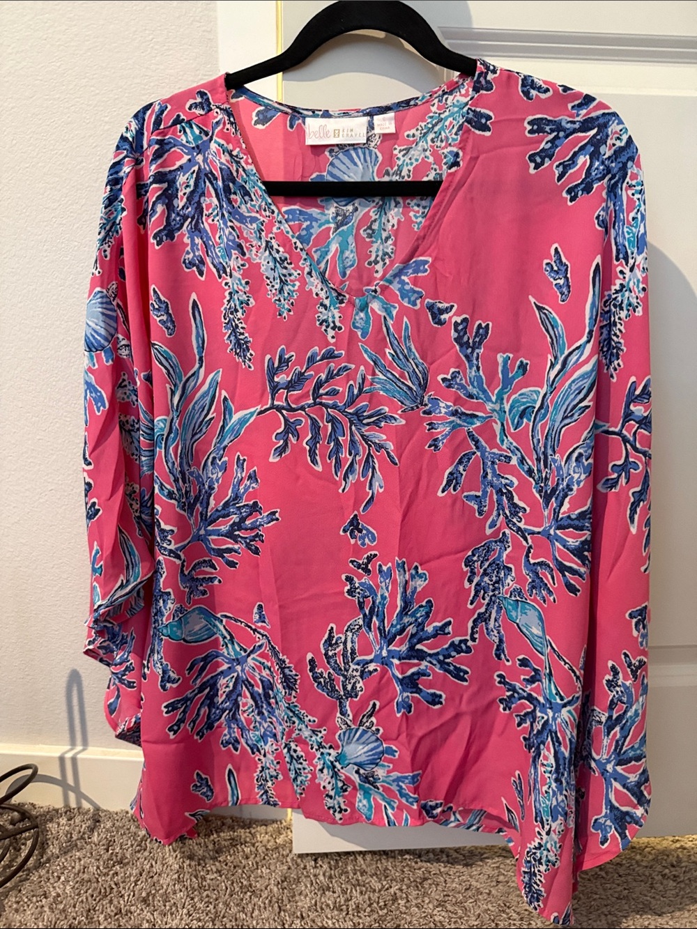 Belle By Kim Gravel Pink Floral-Print V-Neck Women's Top